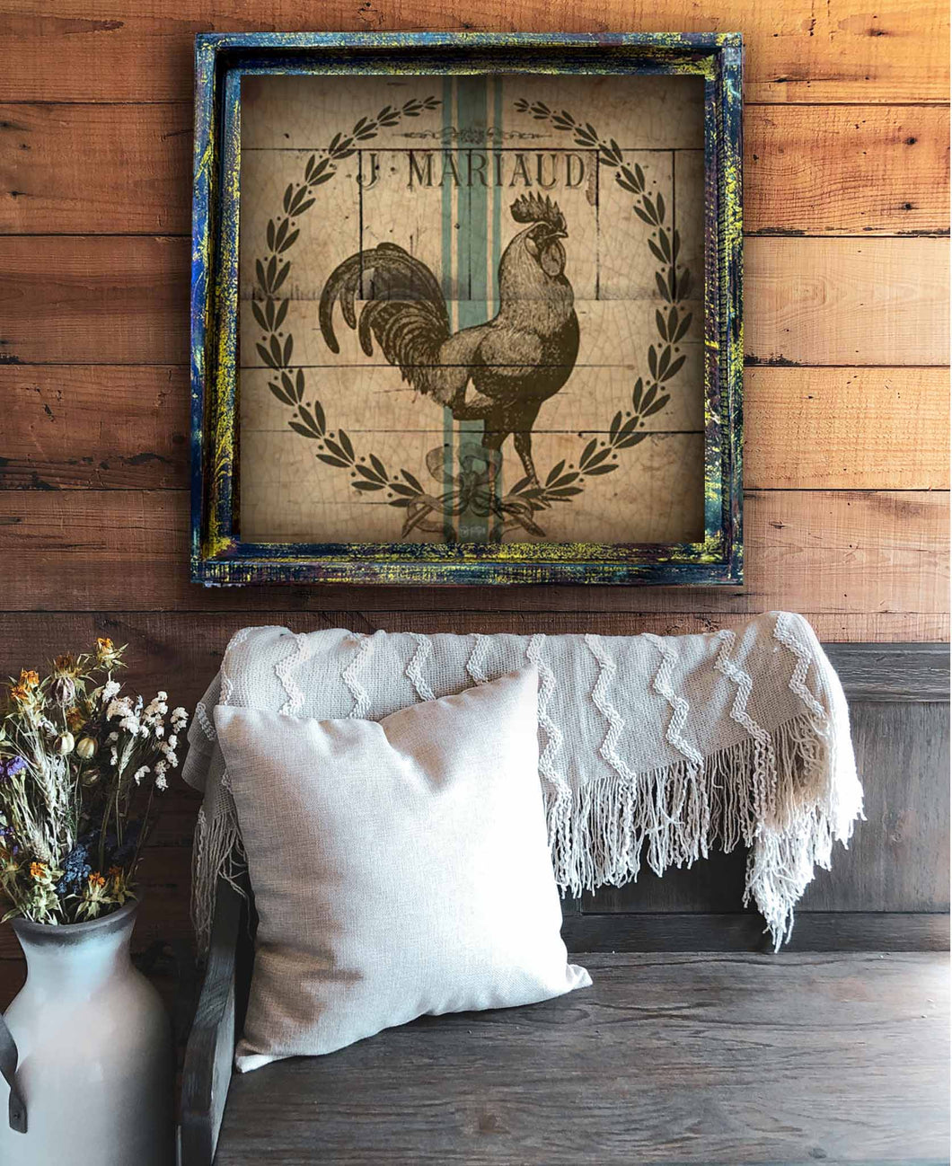 Rooster Grain Sack -  Square Framed Artwork