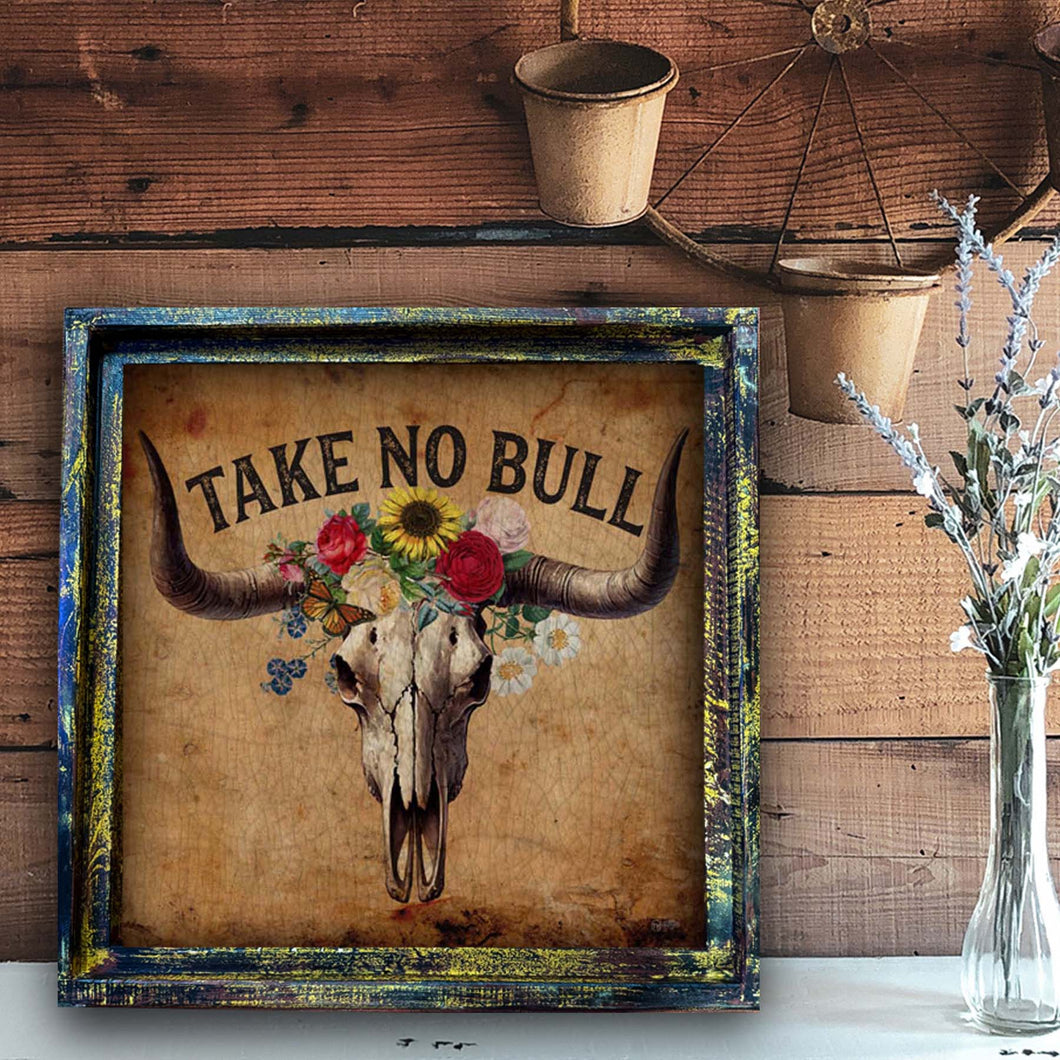 Take No Bull Longhorn Skull - Square Framed Artwork