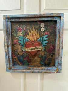 Follow Your Heart (Heart with Wings) - 20" Square Canvas with Blue Frame